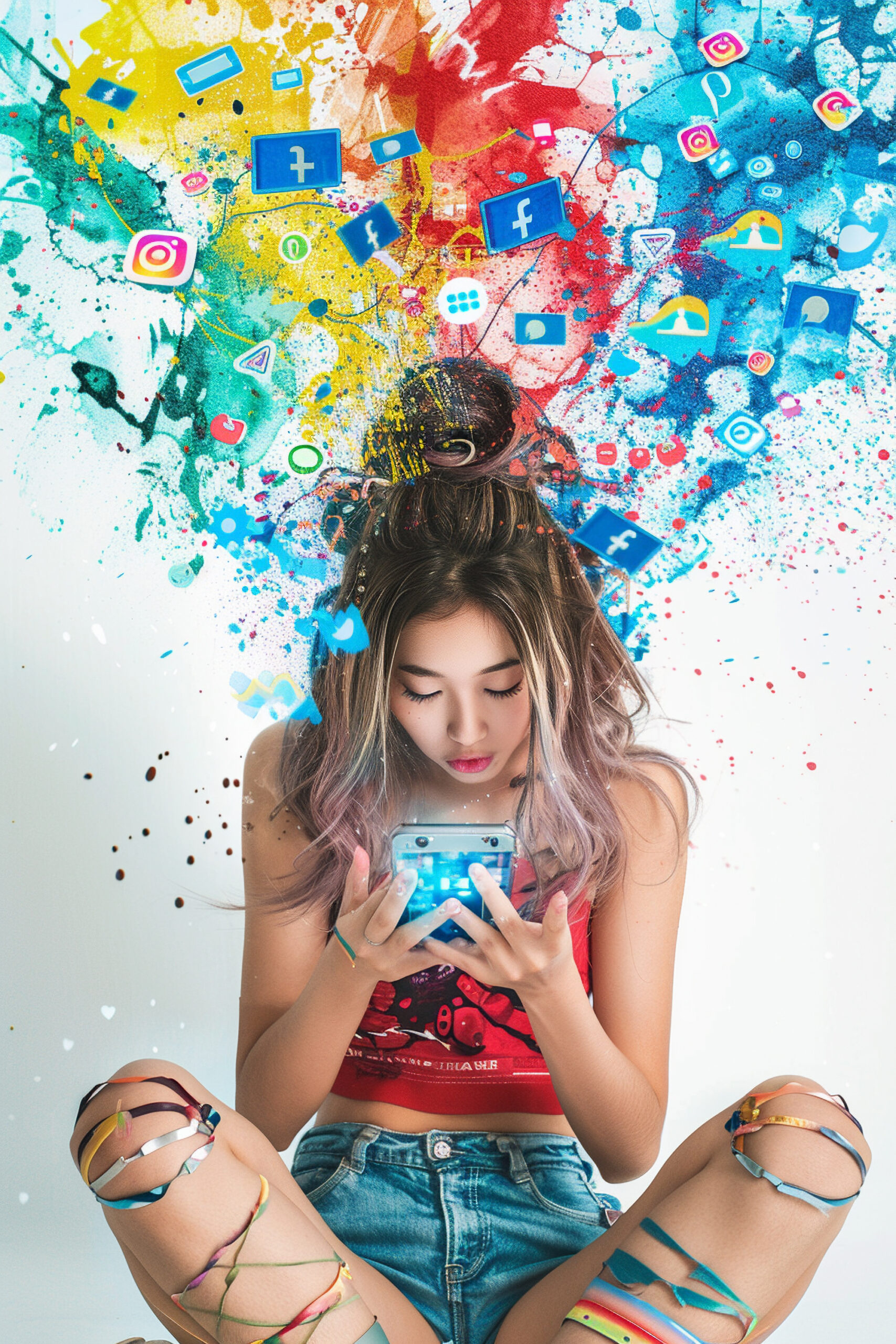 woman looking her cell phone thinking about social media white background